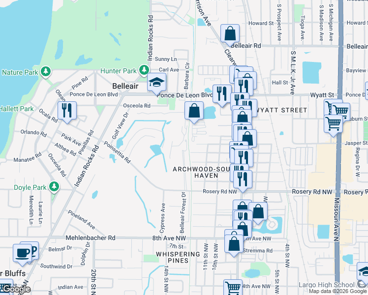 map of restaurants, bars, coffee shops, grocery stores, and more near 75 Pelican Place in Belleair