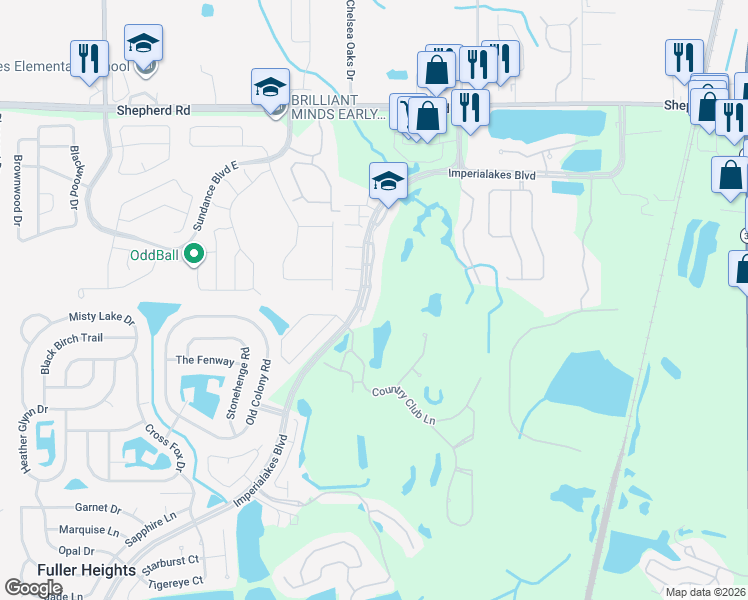map of restaurants, bars, coffee shops, grocery stores, and more near 5225 Imperial Lakes Boulevard in Mulberry