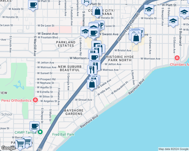 map of restaurants, bars, coffee shops, grocery stores, and more near 1203 South Howard Avenue in Tampa