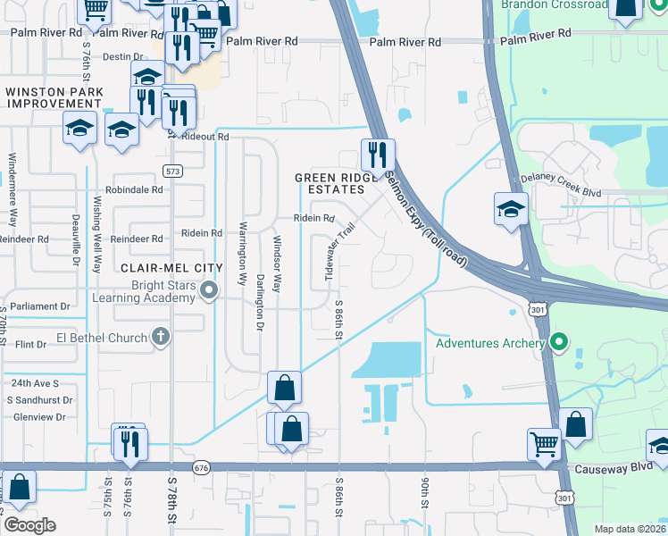 map of restaurants, bars, coffee shops, grocery stores, and more near 8527 Tidewater Trail in Tampa