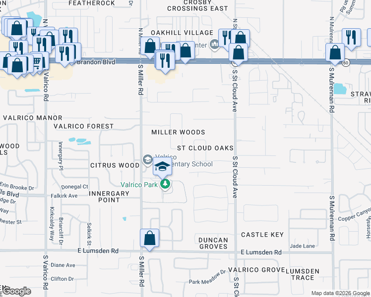 map of restaurants, bars, coffee shops, grocery stores, and more near 424 Summit Chase Drive in Valrico