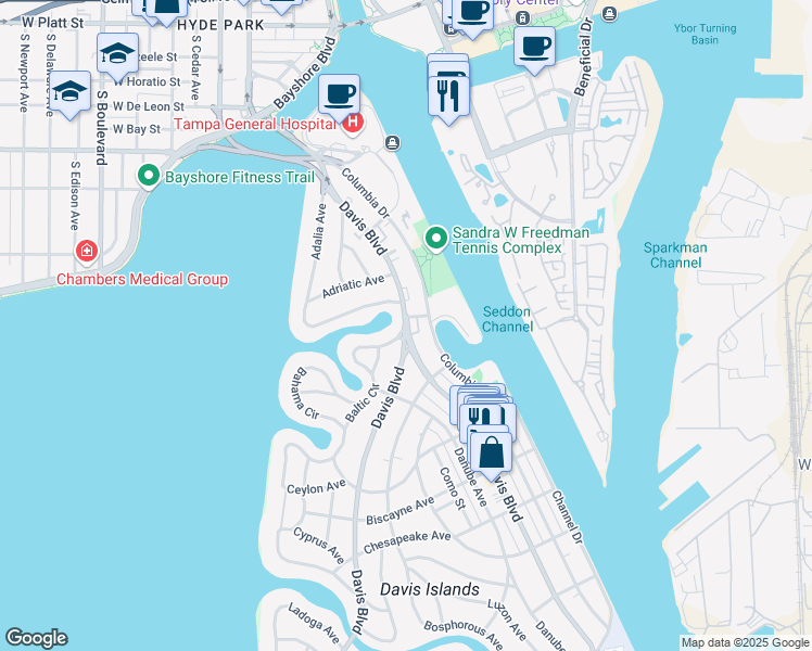 map of restaurants, bars, coffee shops, grocery stores, and more near 45 East Davis Boulevard in Tampa