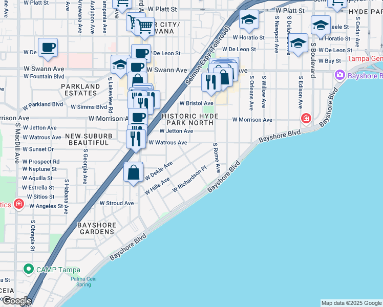 map of restaurants, bars, coffee shops, grocery stores, and more near 1913 West Dekle Avenue in Tampa