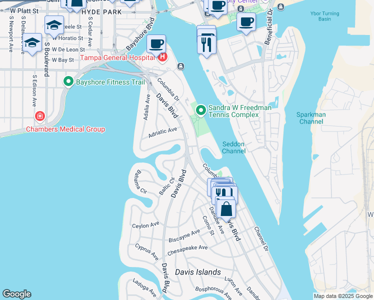 map of restaurants, bars, coffee shops, grocery stores, and more near 55 Bering Street in Tampa