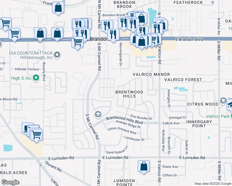map of restaurants, bars, coffee shops, grocery stores, and more near 443 Sand Ridge Drive in Valrico