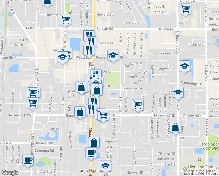 map of restaurants, bars, coffee shops, grocery stores, and more near 220 Regina Drive North in Largo