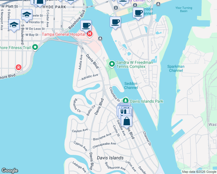 map of restaurants, bars, coffee shops, grocery stores, and more near 90 Columbia Drive in Tampa