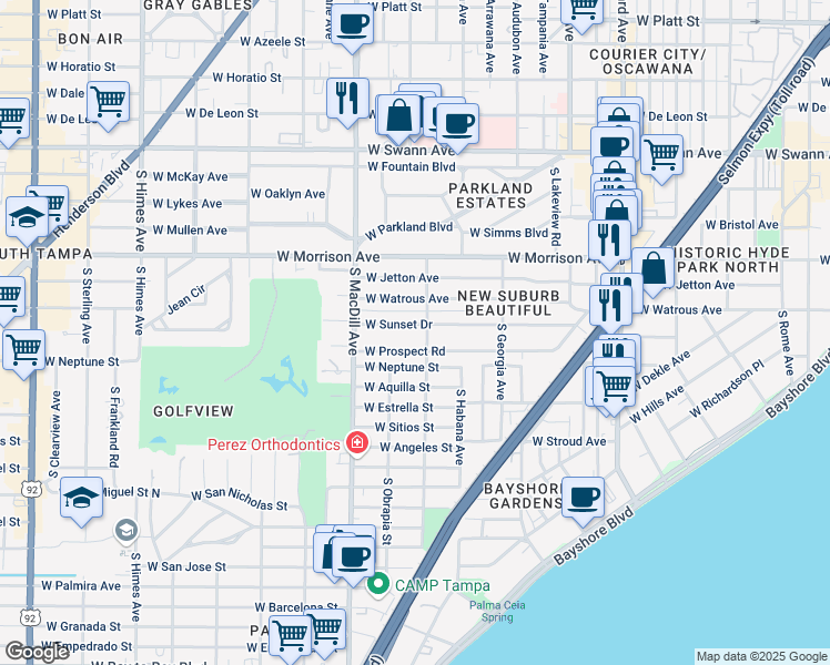 map of restaurants, bars, coffee shops, grocery stores, and more near 2606 West Sunset Drive in Tampa