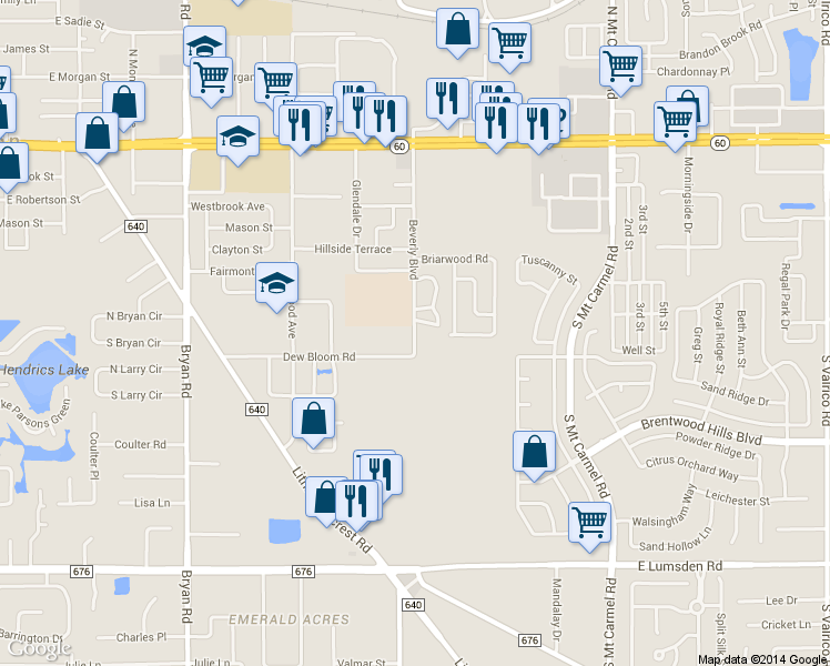 map of restaurants, bars, coffee shops, grocery stores, and more near 604 Beverly Boulevard in Brandon