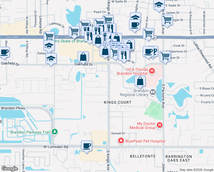 map of restaurants, bars, coffee shops, grocery stores, and more near 506 South Kings Avenue in Brandon