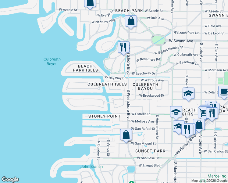 map of restaurants, bars, coffee shops, grocery stores, and more near 4814 Culbreath Isles Road in Tampa