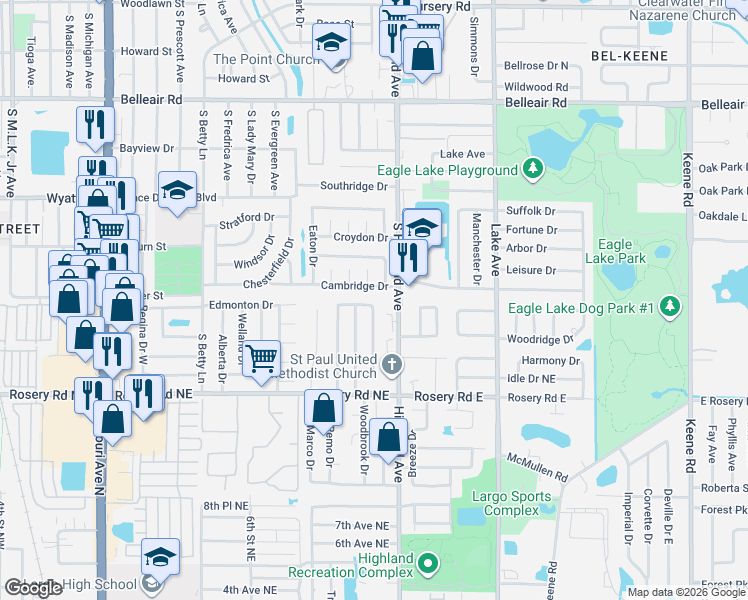 map of restaurants, bars, coffee shops, grocery stores, and more near 1479 Cambridge Drive in Clearwater