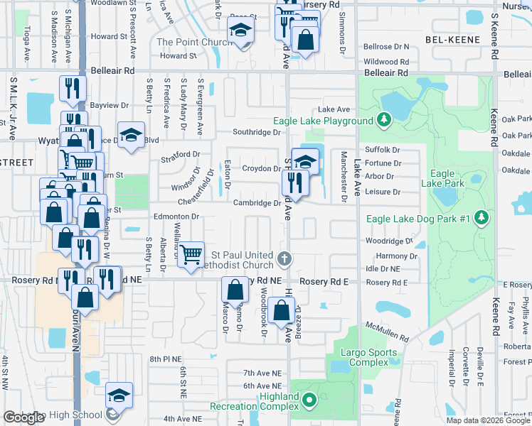 map of restaurants, bars, coffee shops, grocery stores, and more near 1479 Cambridge Drive in Clearwater