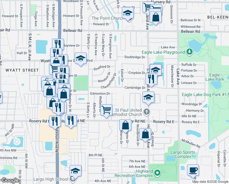 map of restaurants, bars, coffee shops, grocery stores, and more near 1401 Cambridge Drive in Clearwater