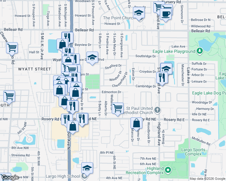 map of restaurants, bars, coffee shops, grocery stores, and more near 1324 Edmonton Drive in Clearwater