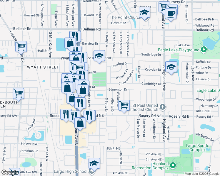 map of restaurants, bars, coffee shops, grocery stores, and more near 1301 Chesterfield Drive in Clearwater