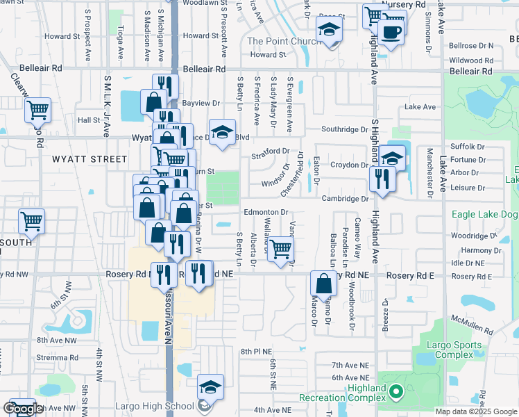 map of restaurants, bars, coffee shops, grocery stores, and more near 1324 Edmonton Drive in Clearwater