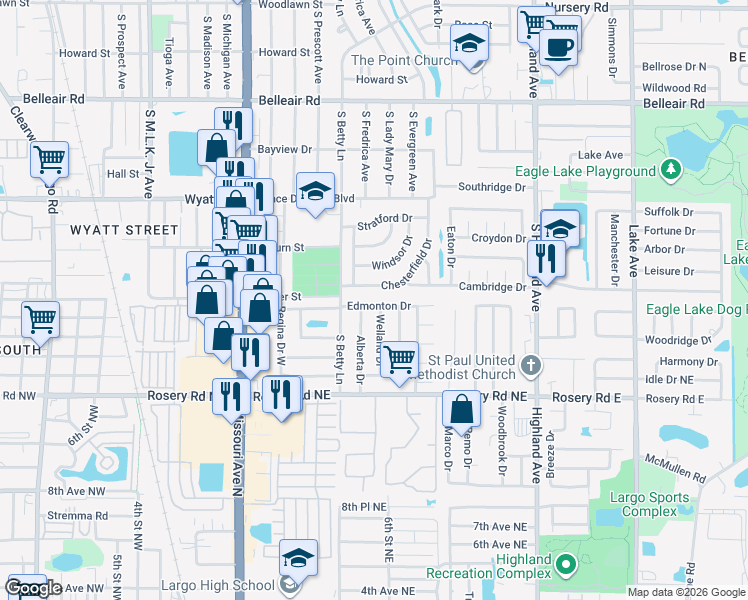 map of restaurants, bars, coffee shops, grocery stores, and more near 1330 Edmonton Drive in Clearwater