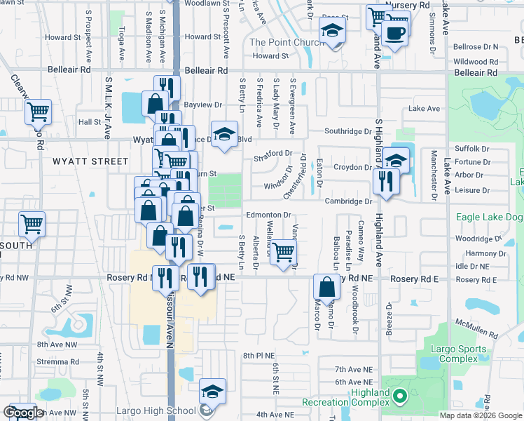 map of restaurants, bars, coffee shops, grocery stores, and more near 1324 Edmonton Drive in Clearwater