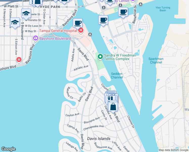 map of restaurants, bars, coffee shops, grocery stores, and more near 2 Bering Street in Tampa