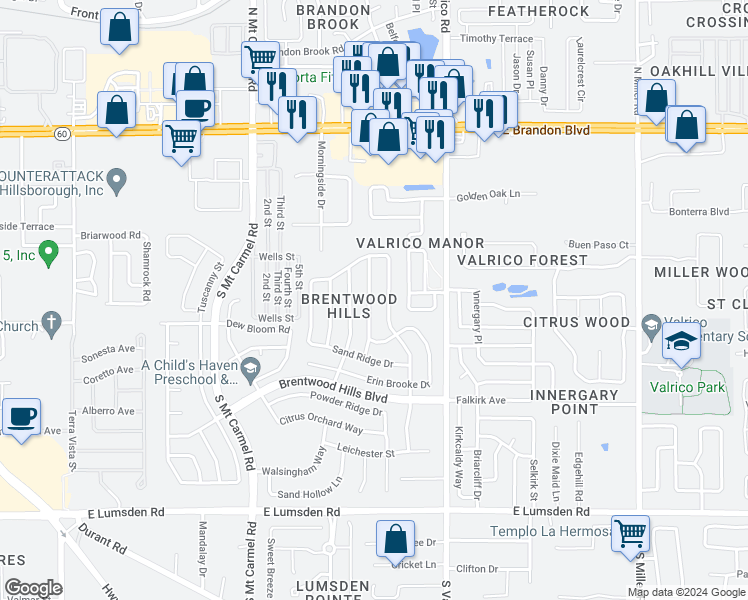map of restaurants, bars, coffee shops, grocery stores, and more near 523 Beth Ann Street in Valrico
