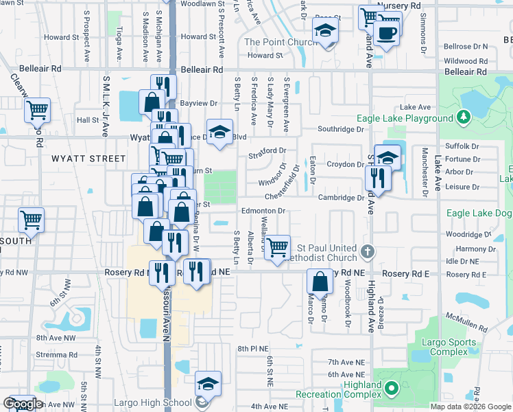 map of restaurants, bars, coffee shops, grocery stores, and more near 1324 Edmonton Drive in Clearwater
