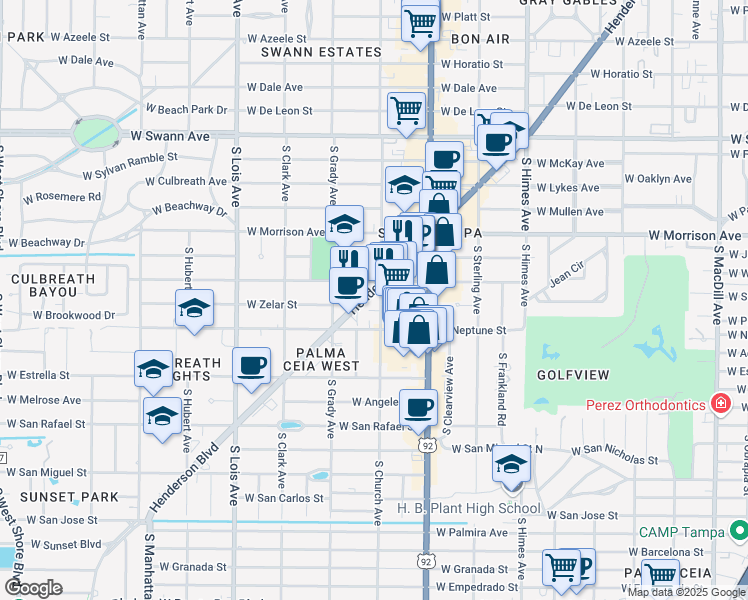 map of restaurants, bars, coffee shops, grocery stores, and more near 1202 South Church Avenue in Tampa
