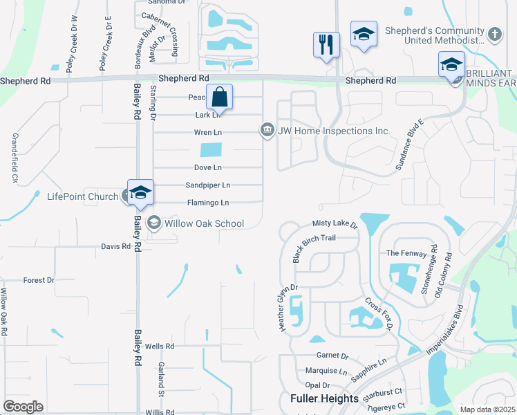 map of restaurants, bars, coffee shops, grocery stores, and more near 3040 Flamingo Lane in Mulberry