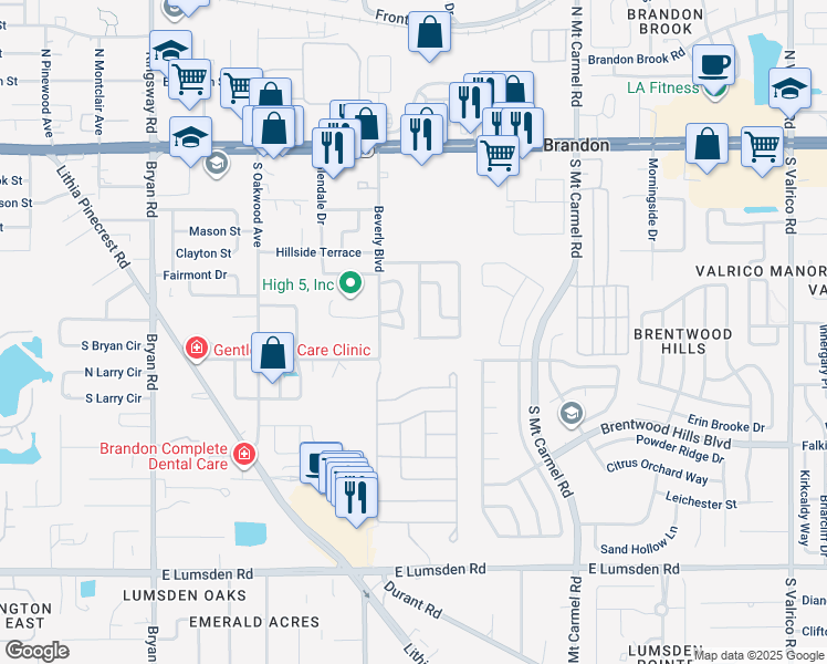 map of restaurants, bars, coffee shops, grocery stores, and more near 515 Holiday Terrace in Brandon