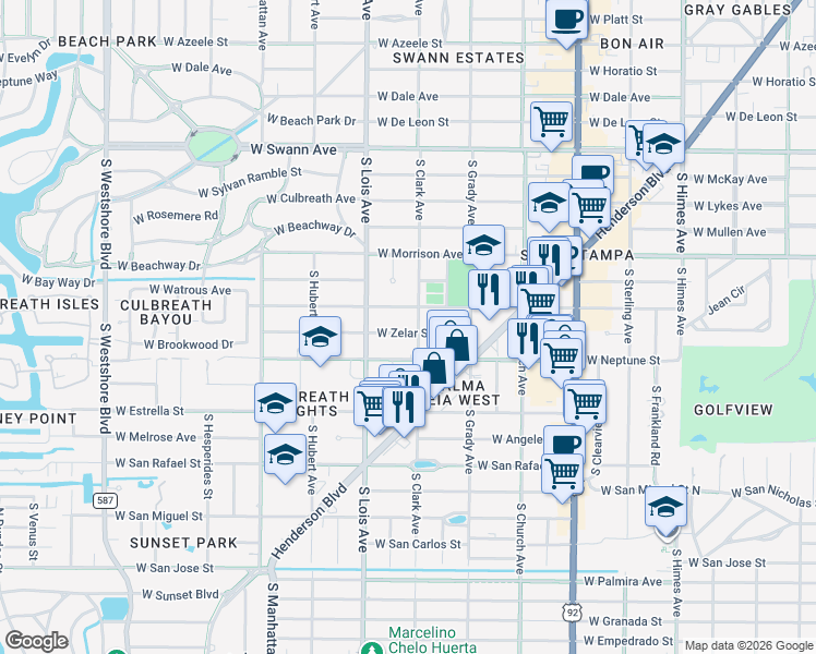 map of restaurants, bars, coffee shops, grocery stores, and more near 4103 West Zelar Street in Tampa
