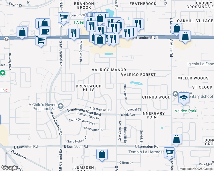 map of restaurants, bars, coffee shops, grocery stores, and more near 2001 Paladin Court in Valrico