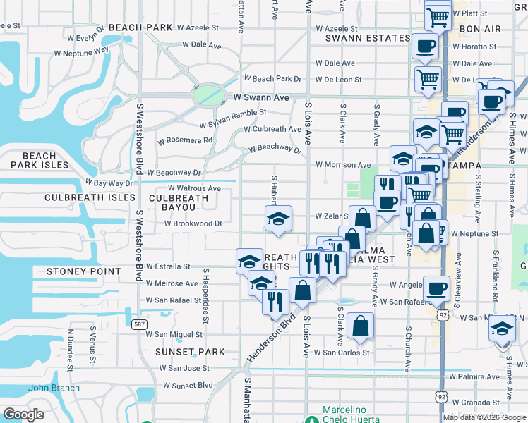 map of restaurants, bars, coffee shops, grocery stores, and more near 4305 West Zelar Street in Tampa