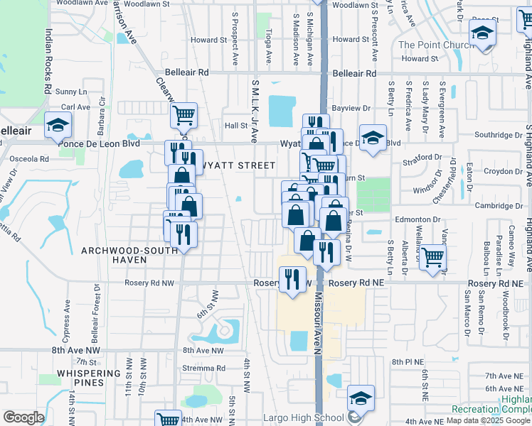 map of restaurants, bars, coffee shops, grocery stores, and more near 1110 Jasper Street in Clearwater