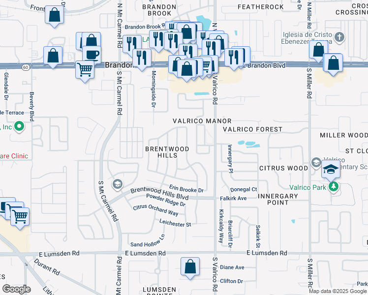 map of restaurants, bars, coffee shops, grocery stores, and more near 636 Sand Ridge Dr in Valrico