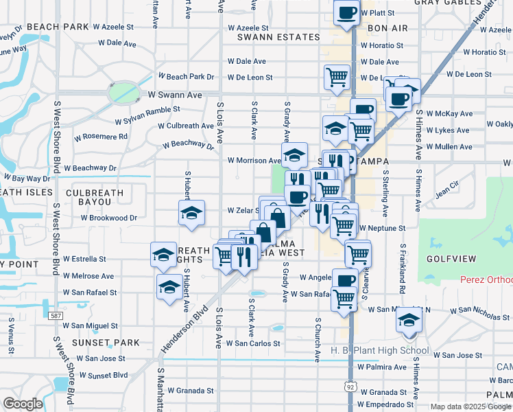 map of restaurants, bars, coffee shops, grocery stores, and more near 4015 West Zelar Street in Tampa