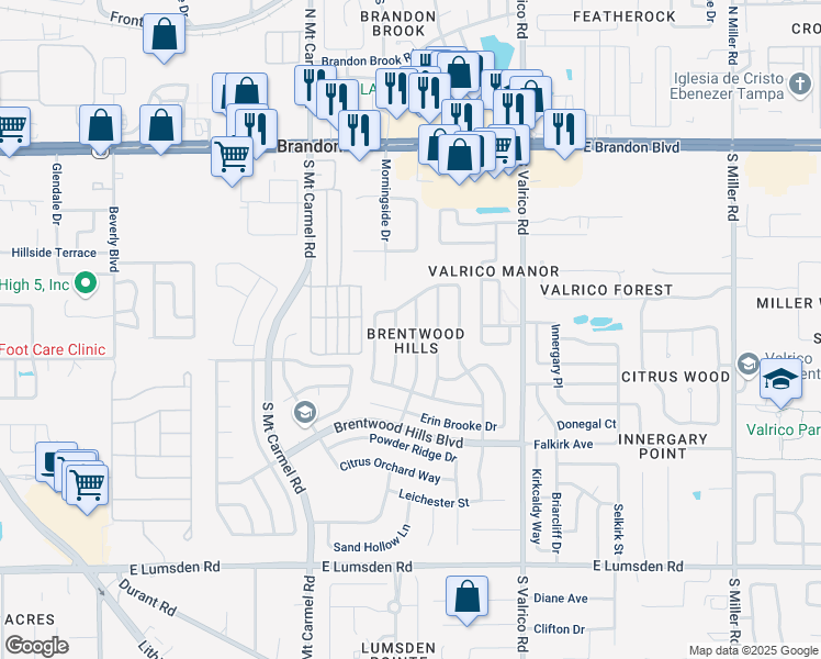 map of restaurants, bars, coffee shops, grocery stores, and more near 516 Royal Ridge Street in Valrico