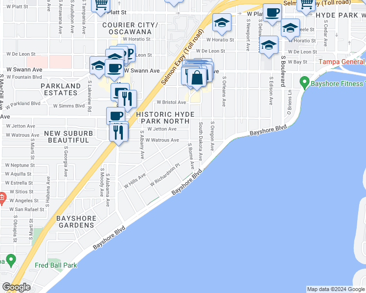 map of restaurants, bars, coffee shops, grocery stores, and more near 13 West Hills Avenue in Tampa