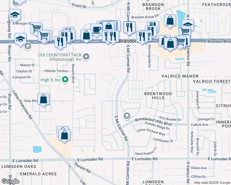 map of restaurants, bars, coffee shops, grocery stores, and more near 629 Tuscanny Street in Brandon