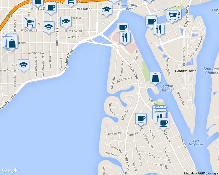 map of restaurants, bars, coffee shops, grocery stores, and more near 80 Adalia Avenue in Tampa