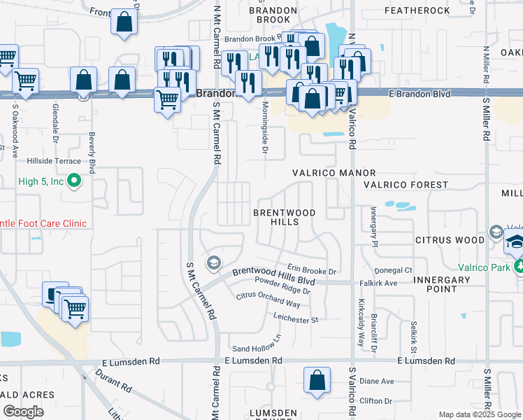 map of restaurants, bars, coffee shops, grocery stores, and more near 448 Sand Ridge Drive in Valrico