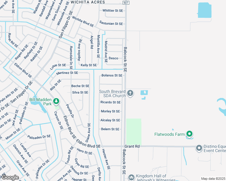 map of restaurants, bars, coffee shops, grocery stores, and more near 1649 De La Vega Street Southeast in Palm Bay