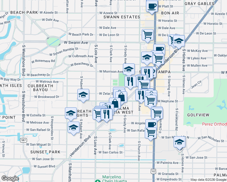 map of restaurants, bars, coffee shops, grocery stores, and more near 4015 West Zelar Street in Tampa