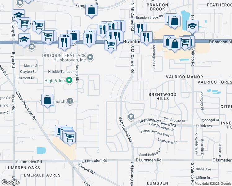 map of restaurants, bars, coffee shops, grocery stores, and more near 629 Tuscanny Street in Brandon