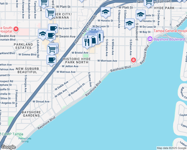 map of restaurants, bars, coffee shops, grocery stores, and more near 1013 South Dakota Avenue in Tampa