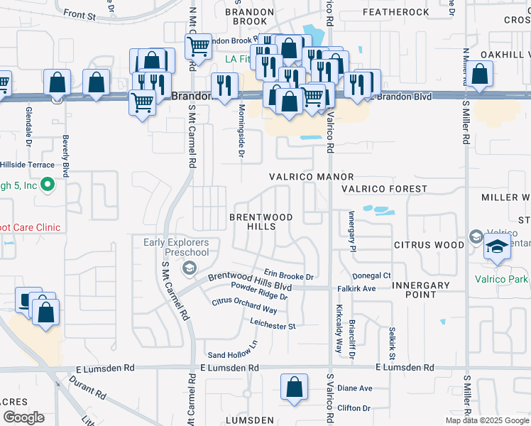 map of restaurants, bars, coffee shops, grocery stores, and more near 515 Royal Ridge Street in Valrico