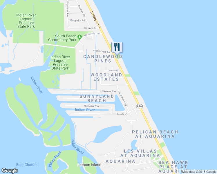 map of restaurants, bars, coffee shops, grocery stores, and more near 303 Woody Circle in Melbourne Beach