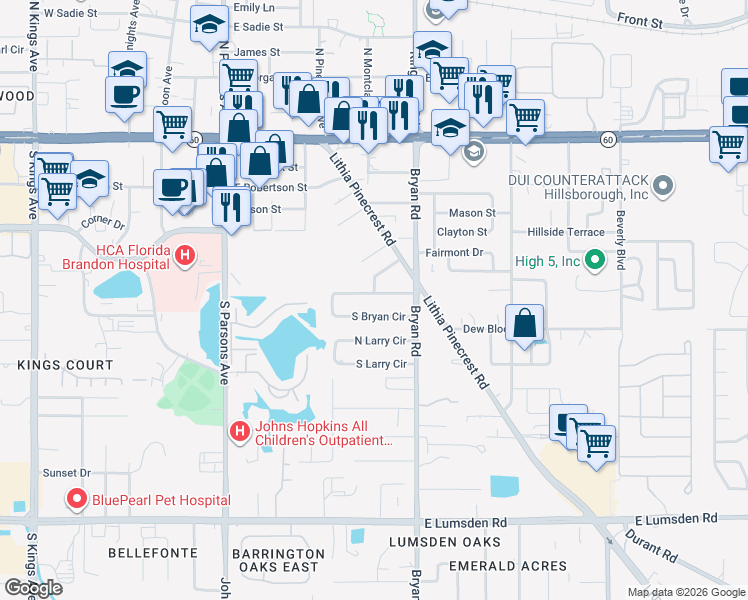 map of restaurants, bars, coffee shops, grocery stores, and more near 501 North Bryan Circle in Brandon