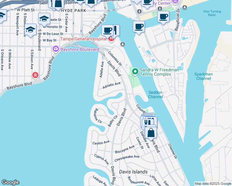 map of restaurants, bars, coffee shops, grocery stores, and more near 122 Adalia Avenue in Tampa