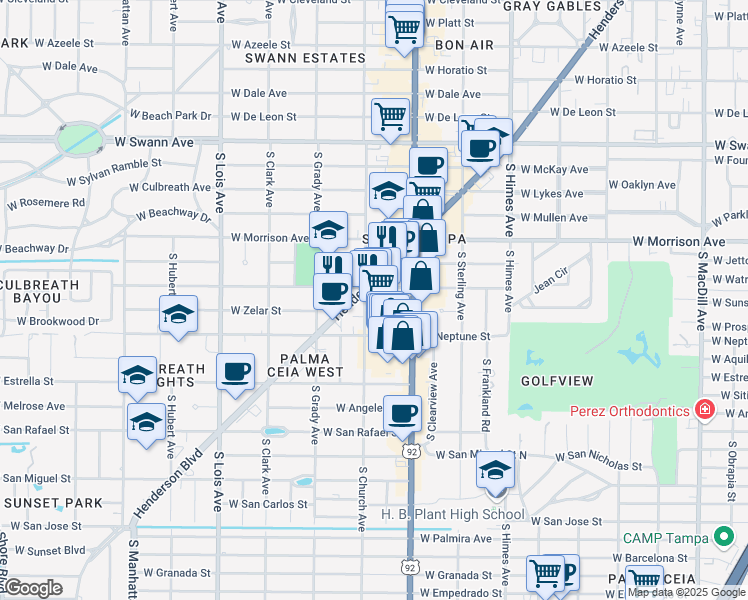 map of restaurants, bars, coffee shops, grocery stores, and more near 1202 South Church Avenue in Tampa