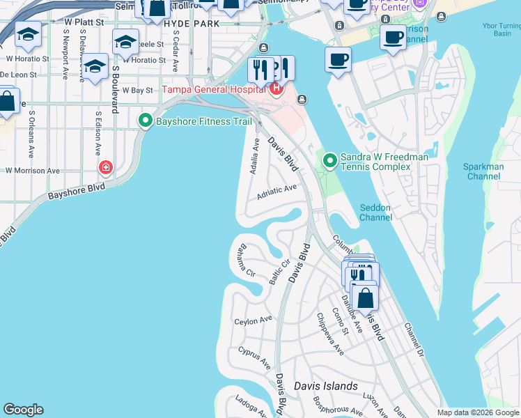 map of restaurants, bars, coffee shops, grocery stores, and more near 101 Adalia Avenue in Tampa